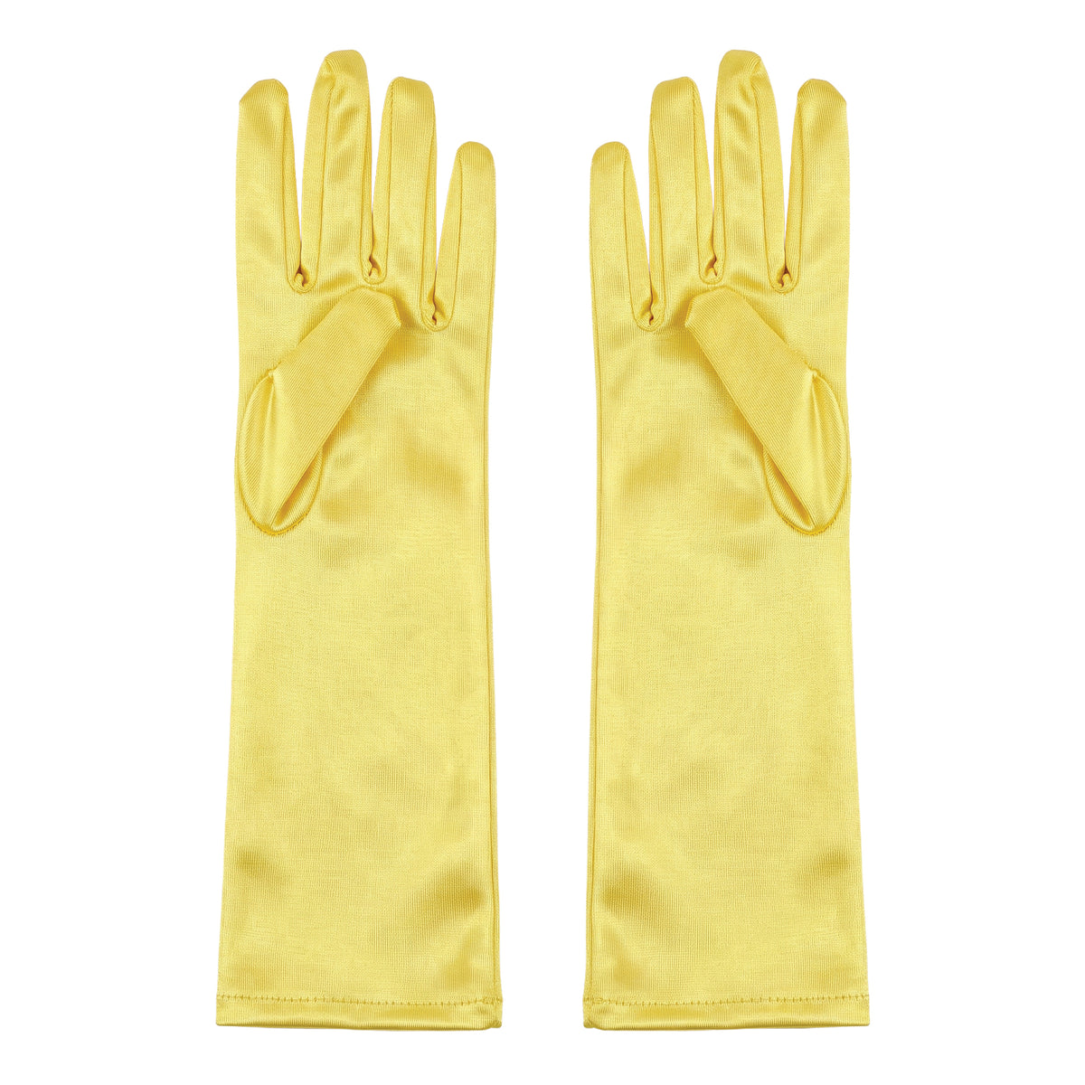 Long yellow satin gloves, back view