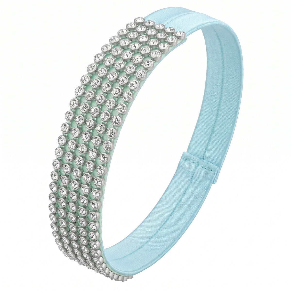 Light blue headband set with five rows of clear rhinestones