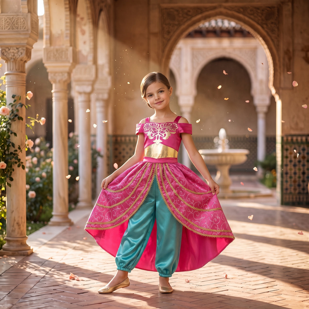 Girl in a pink and gold Arabian princess dress with teal harem pants in a palace courtyard