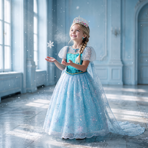 Girl in the Ice Queen Crystal Cape Gown catching a snowflake in an ice blue hall, wearing the tiara from the jewelry set