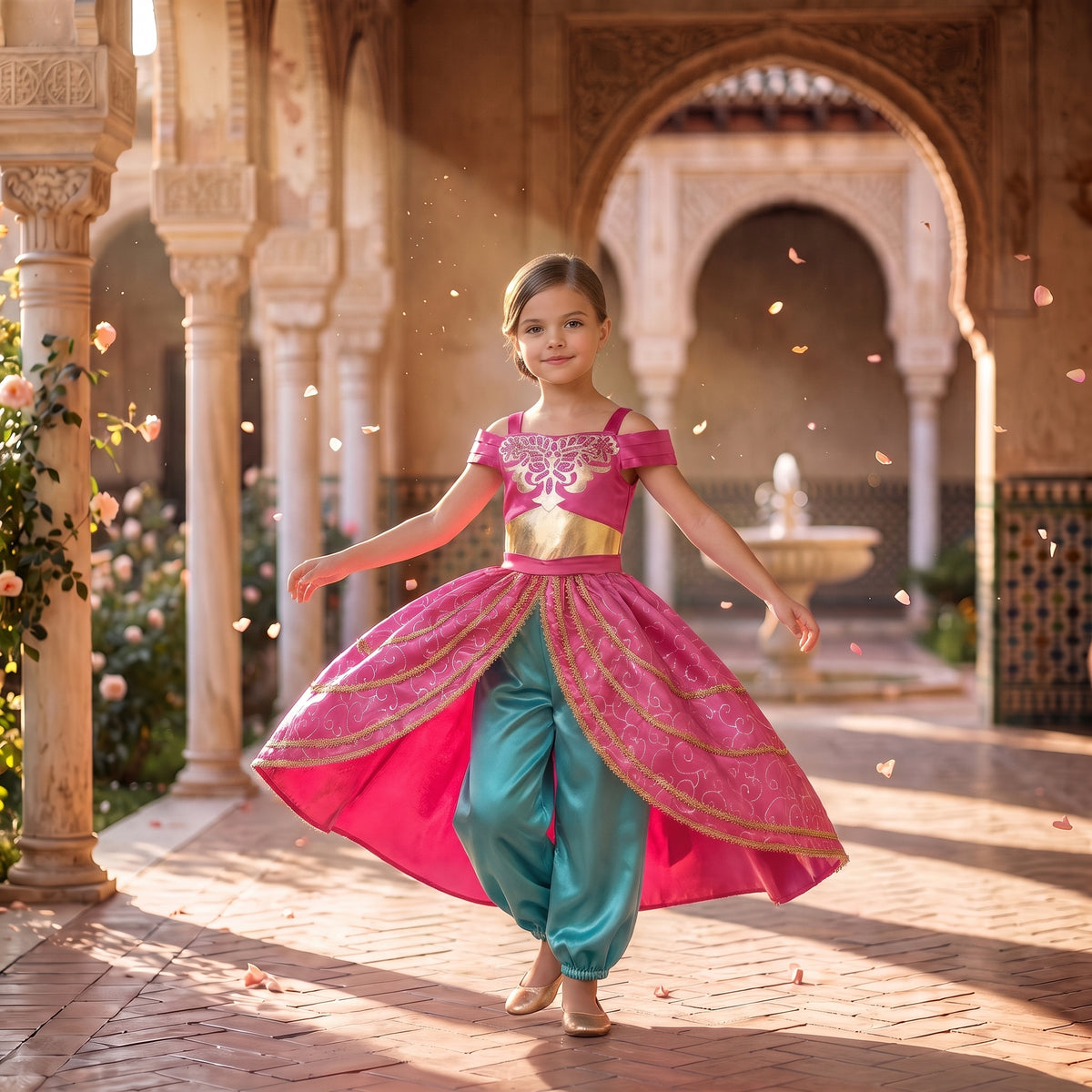 Girl twirling in the pink Arabian princess dress with teal harem pants beneath the open front overskirt