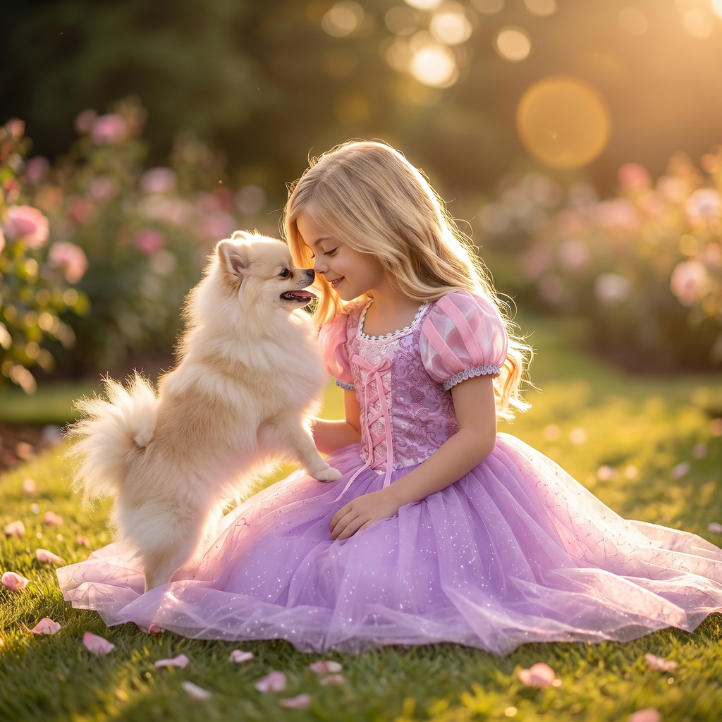Girl sitting on the grass in the Rapunzel lavender princess dress with a fluffy white dog