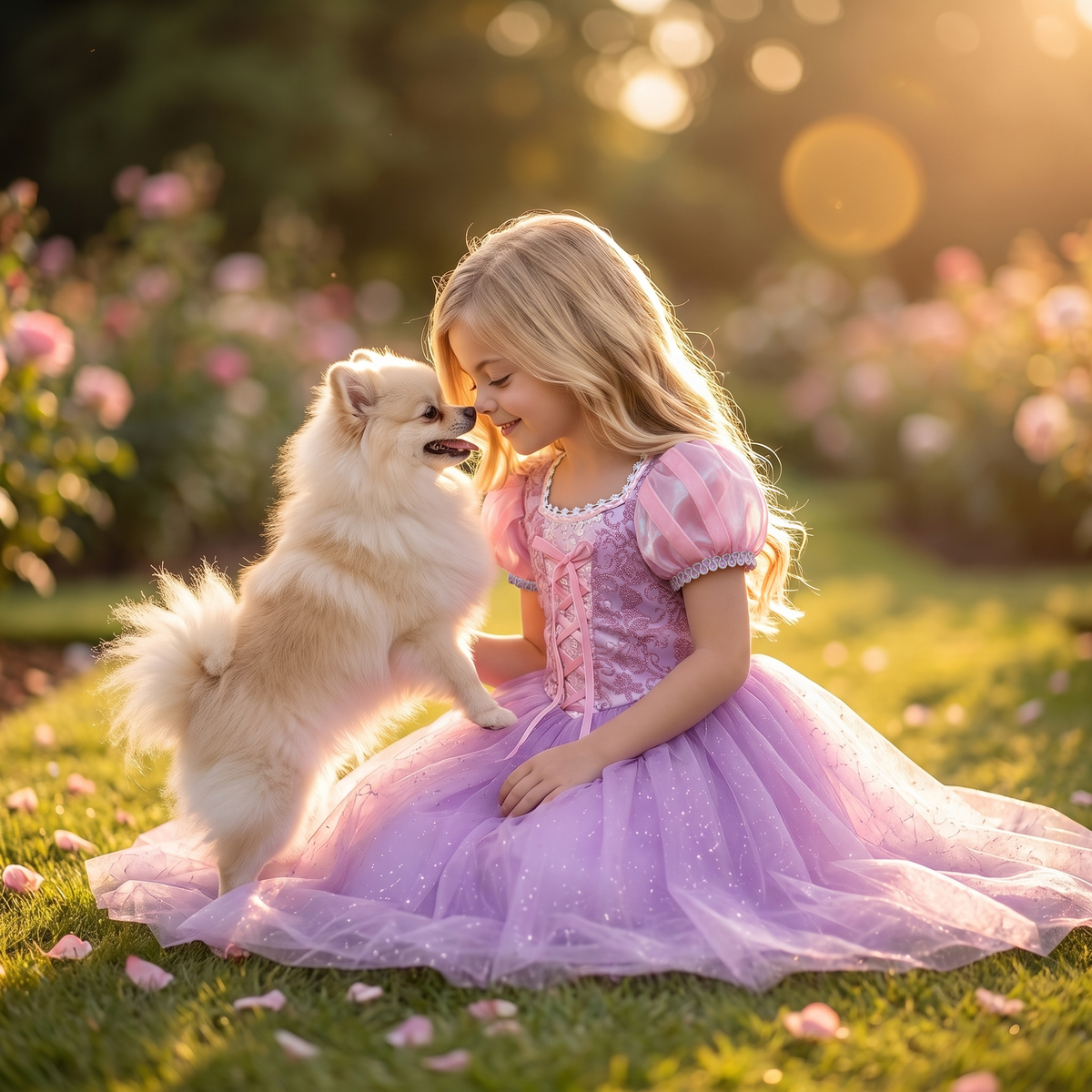 Girl sitting on the grass in the Rapunzel lavender princess dress with a fluffy white dog