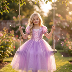 Girl on a garden swing in the Rapunzel Lavender Tower Princess Gown with pink puff sleeves