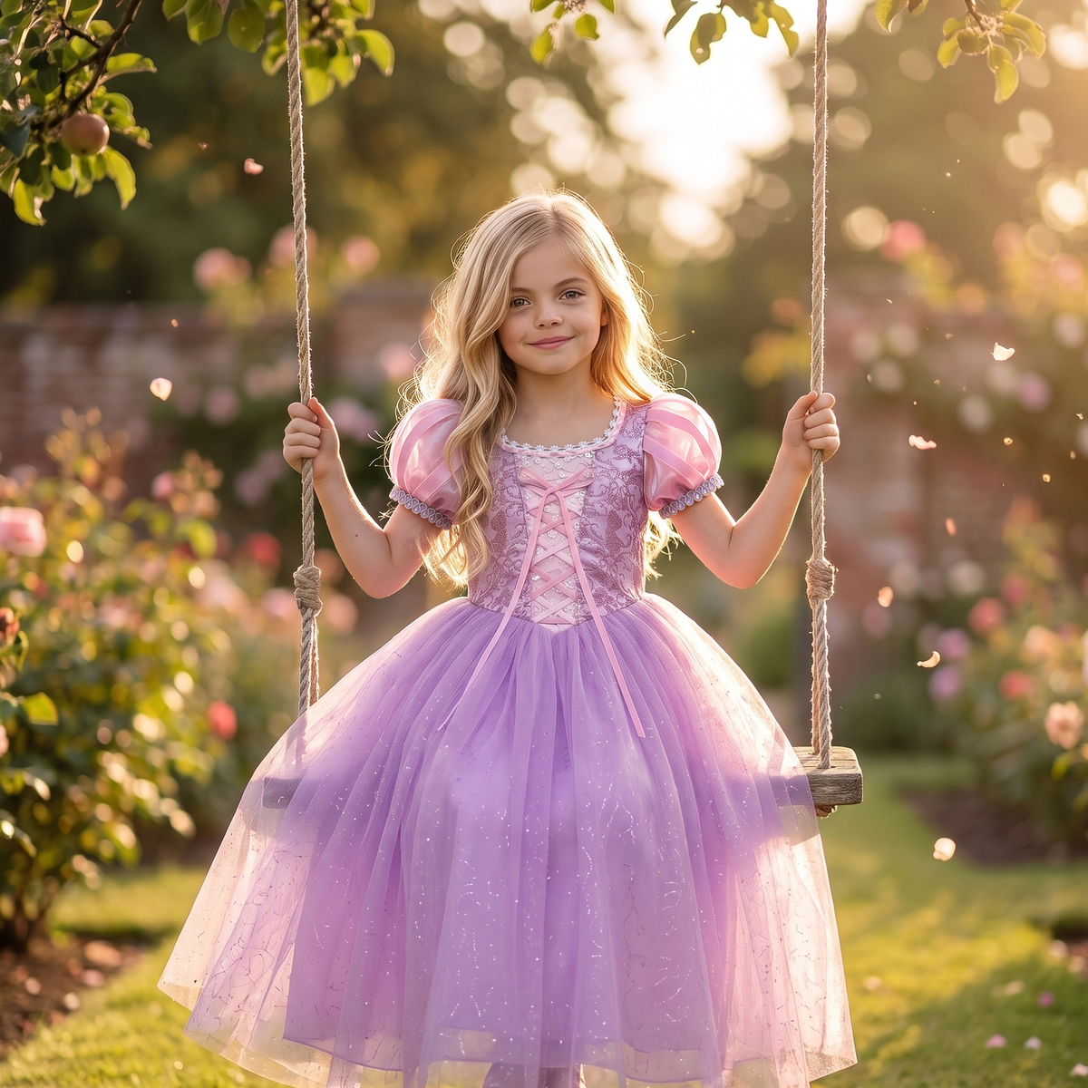 Girl on a garden swing in the Rapunzel Lavender Tower Princess Gown with pink puff sleeves