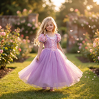 Girl in the Rapunzel Lavender Tower Princess Gown in a rose garden, front view, holding out the lavender glitter tulle skirt