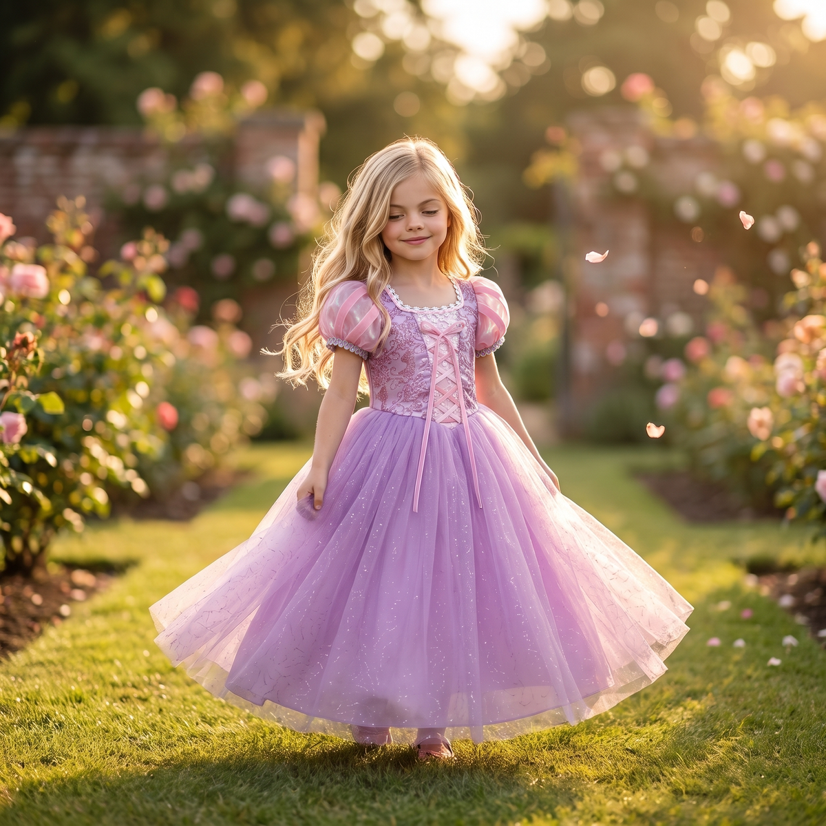 Girl in the Rapunzel Lavender Tower Princess Gown in a rose garden, front view, holding out the lavender glitter tulle skirt