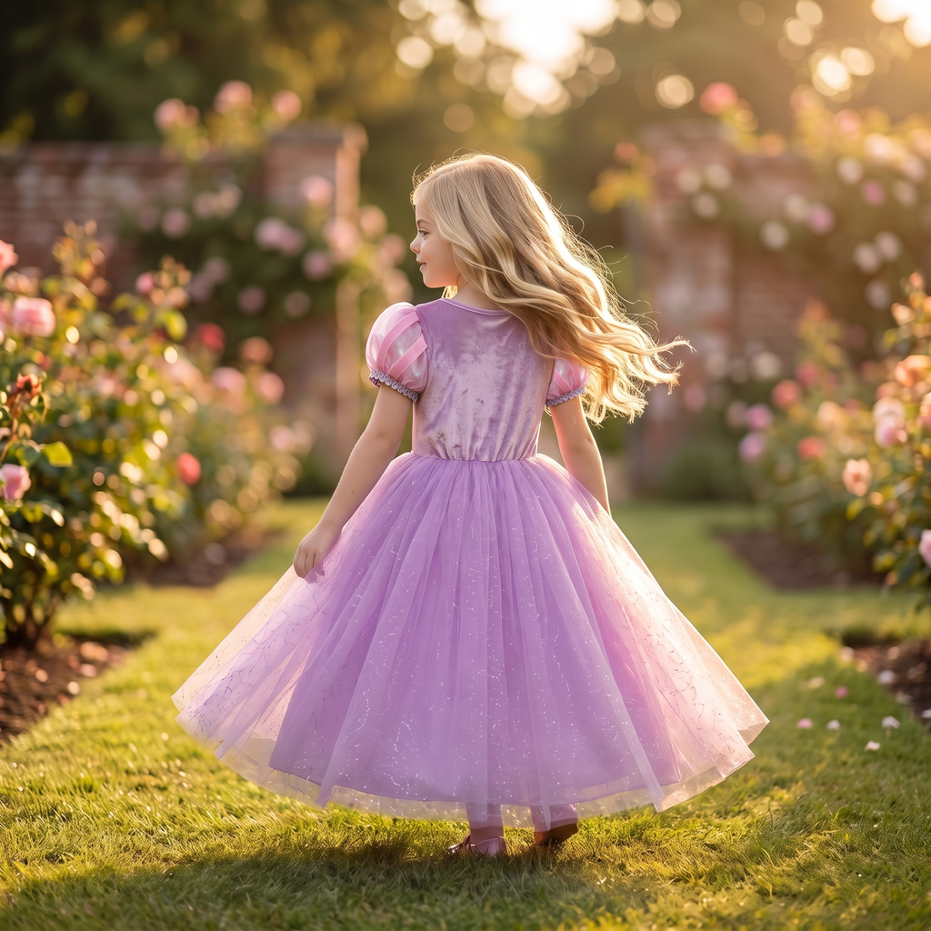 Back view of the Rapunzel Lavender Tower gown mid-twirl, tulle skirt flaring in the garden