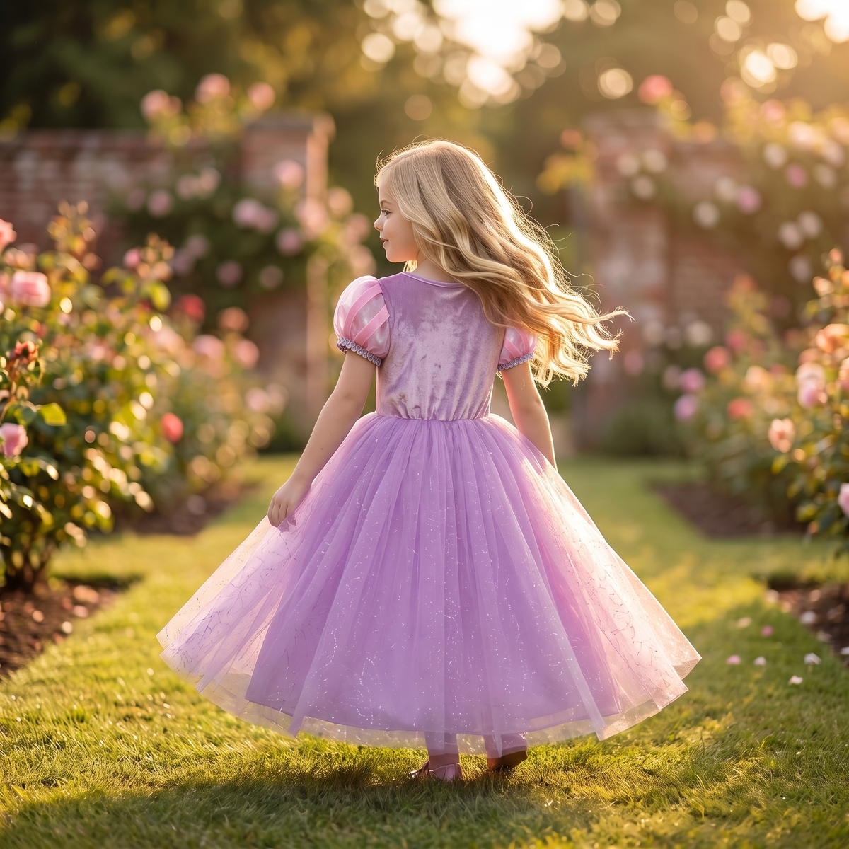 Back view of the Rapunzel Lavender Tower gown mid-twirl, tulle skirt flaring in the garden