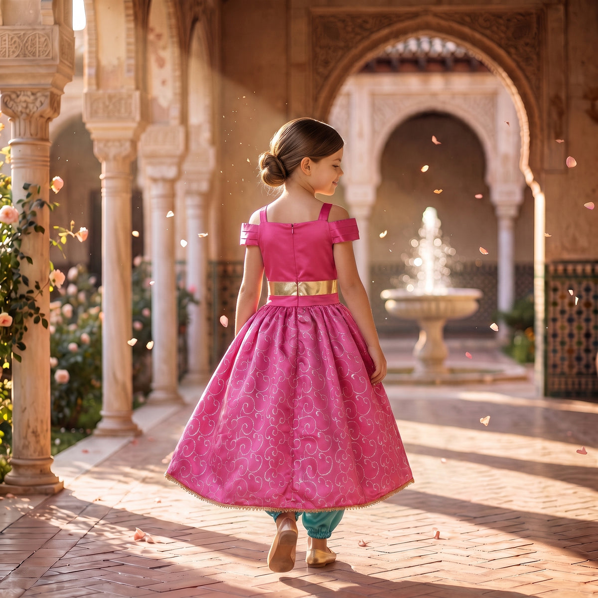 Back view of the pink Arabian princess dress showing the gold waistband and glitter swirl skirt in a palace courtyard