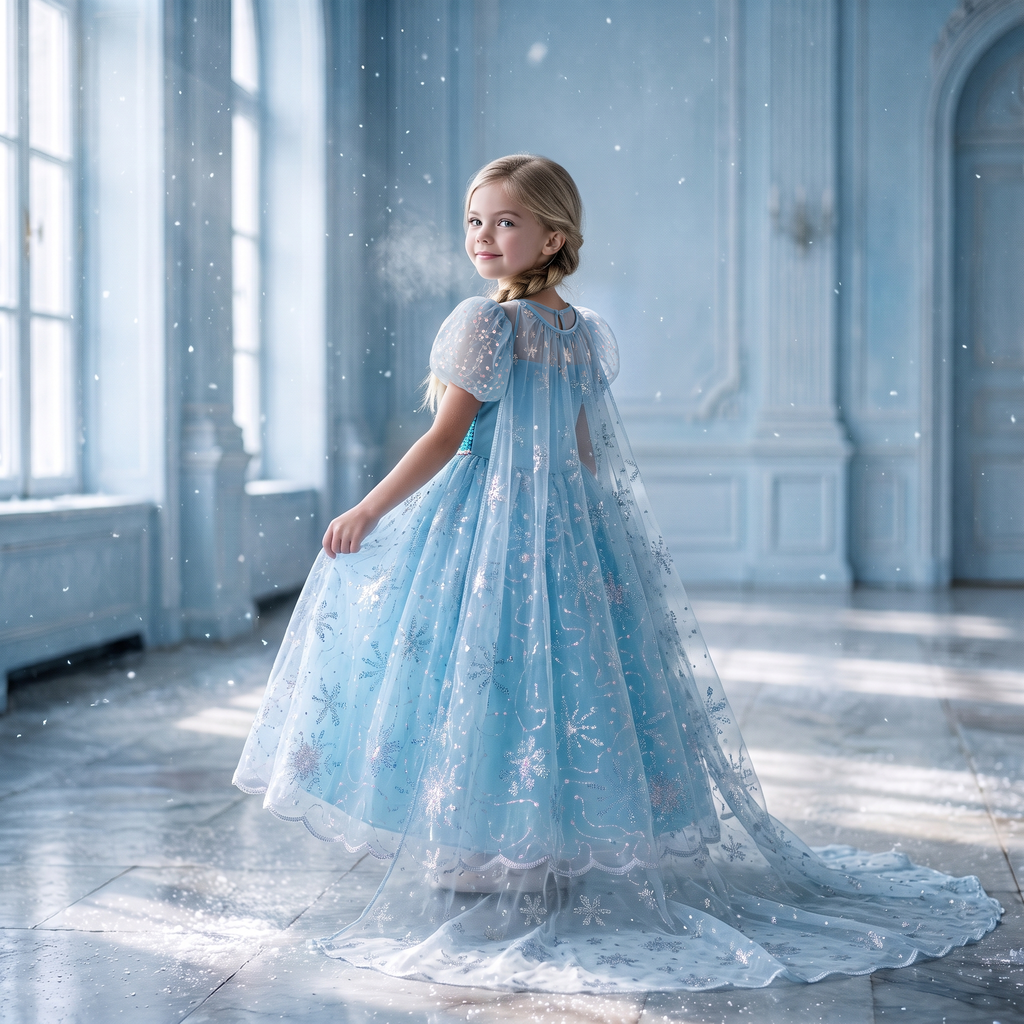 Side view of a girl in the Ice Queen gown with the sheer snowflake cape trailing behind her