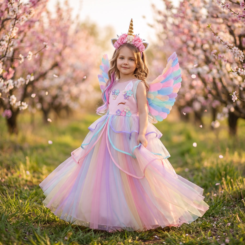 Girl in the Pink Rainbow Unicorn Ribbon Gown with unicorn horn headband and pastel wings, front view in a blossom orchard