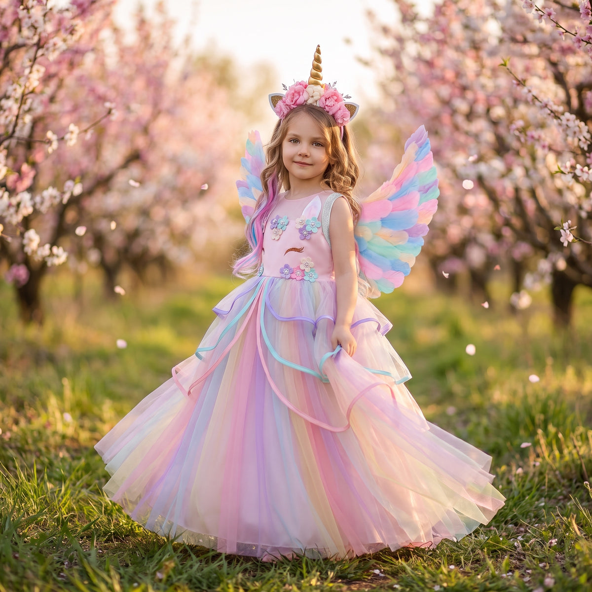 Girl in the Pink Rainbow Unicorn Ribbon Gown with unicorn horn headband and pastel wings, front view in a blossom orchard