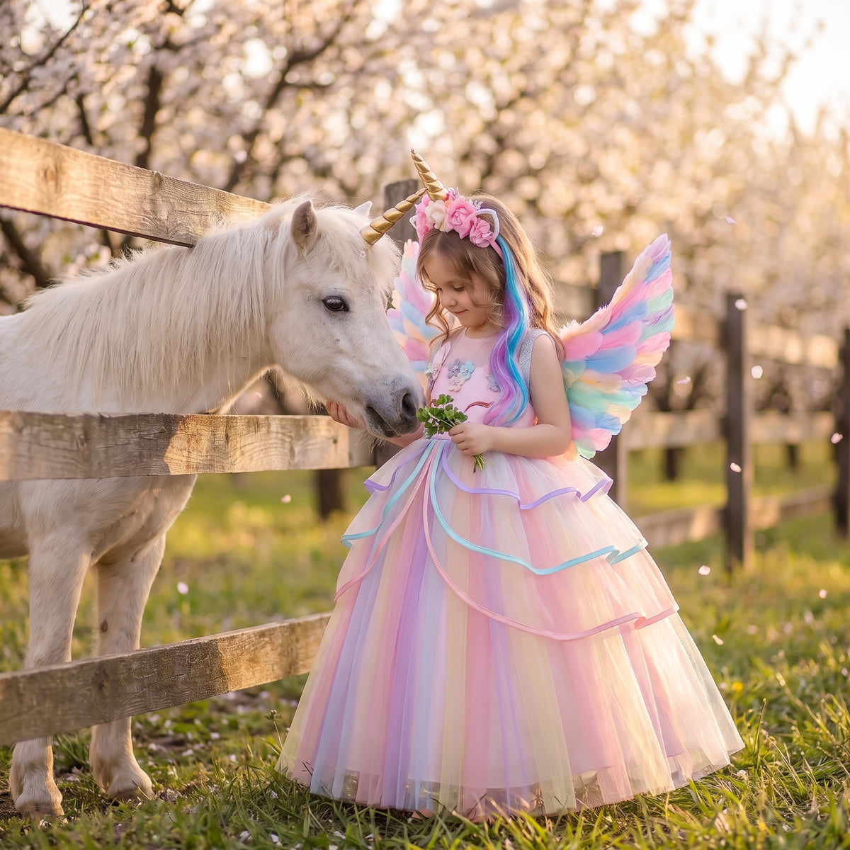 Girl in the pink unicorn dress and wings feeding a white pony at a fence
