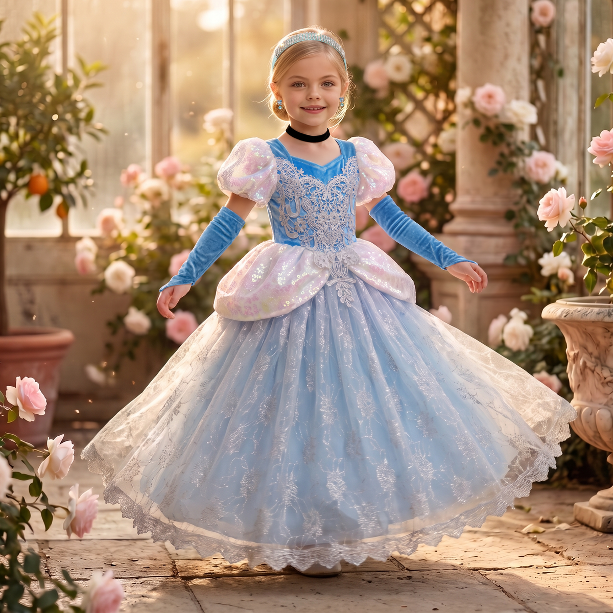 Girl in the Cinderella Midnight Ball Gown in a rose conservatory, front view, wearing the gloves and choker from the accessory set