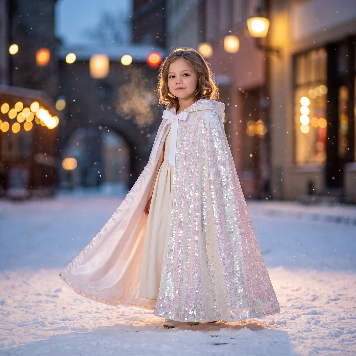 Girl in the iridescent sequin Frostlight Cape open over an ivory dress, front view in the snow