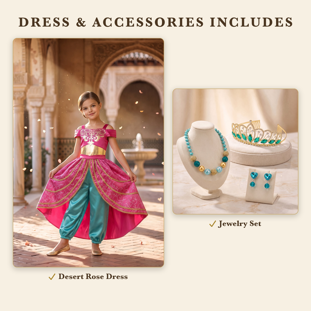 Dress and Accessories bundle includes the Desert Rose dress and Jasmine jewelry set