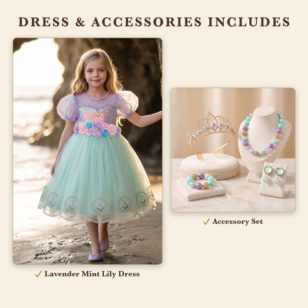 Dress & Accessories includes the Lavender Mint Lily dress and the Mermaid Treasure accessory set: starfish tiara, bead necklace, bracelet and heart clip-on earrings