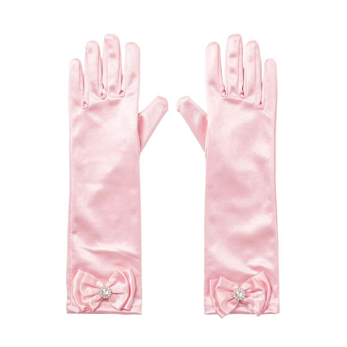Long pink satin gloves with a satin bow and rhinestone button at each cuff