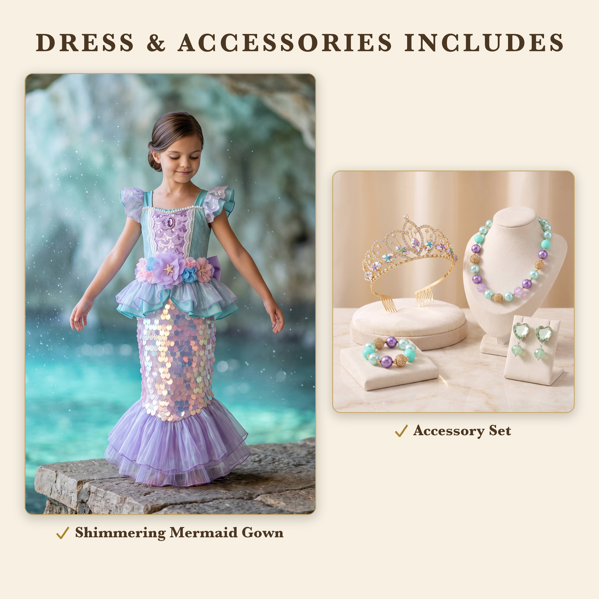 Dress and Accessories bundle includes the Shimmering Mermaid gown and mermaid treasure accessory set