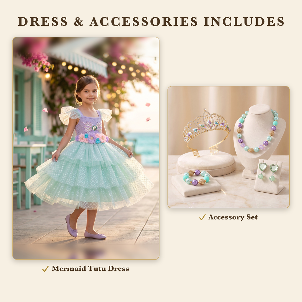 Dress & Accessories includes the Mermaid Tutu dress and the Mermaid Treasure accessory set: starfish tiara, bead necklace, bracelet and heart clip-on earrings
