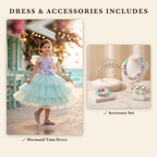 Dress & Accessories includes the Mermaid Tutu dress and the Mermaid Treasure accessory set: starfish tiara, bead necklace, bracelet and heart clip-on earrings