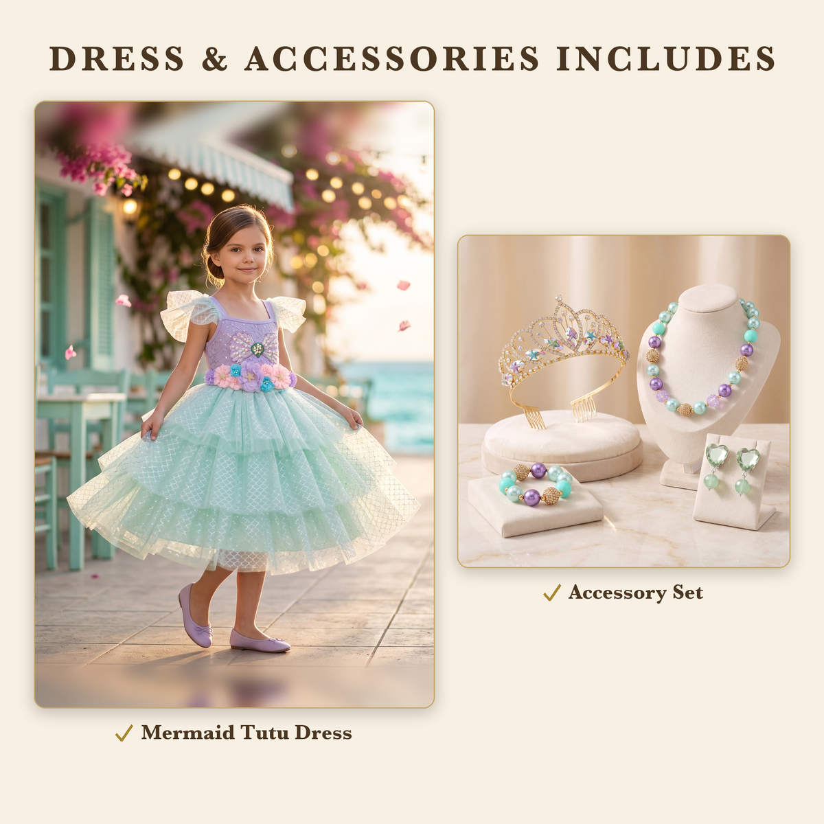 Dress & Accessories includes the Mermaid Tutu dress and the Mermaid Treasure accessory set: starfish tiara, bead necklace, bracelet and heart clip-on earrings