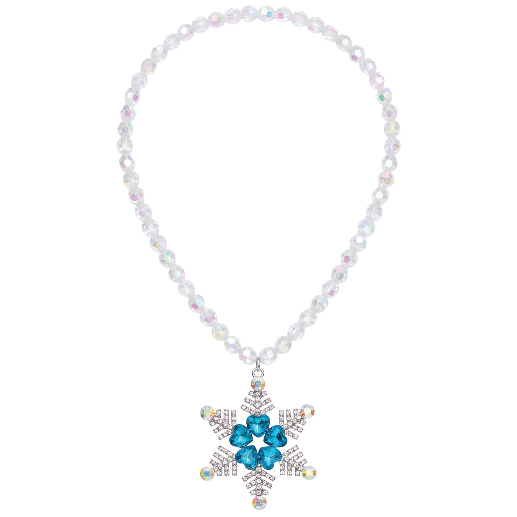 Iridescent faceted bead necklace with a snowflake pendant set with aqua hearts