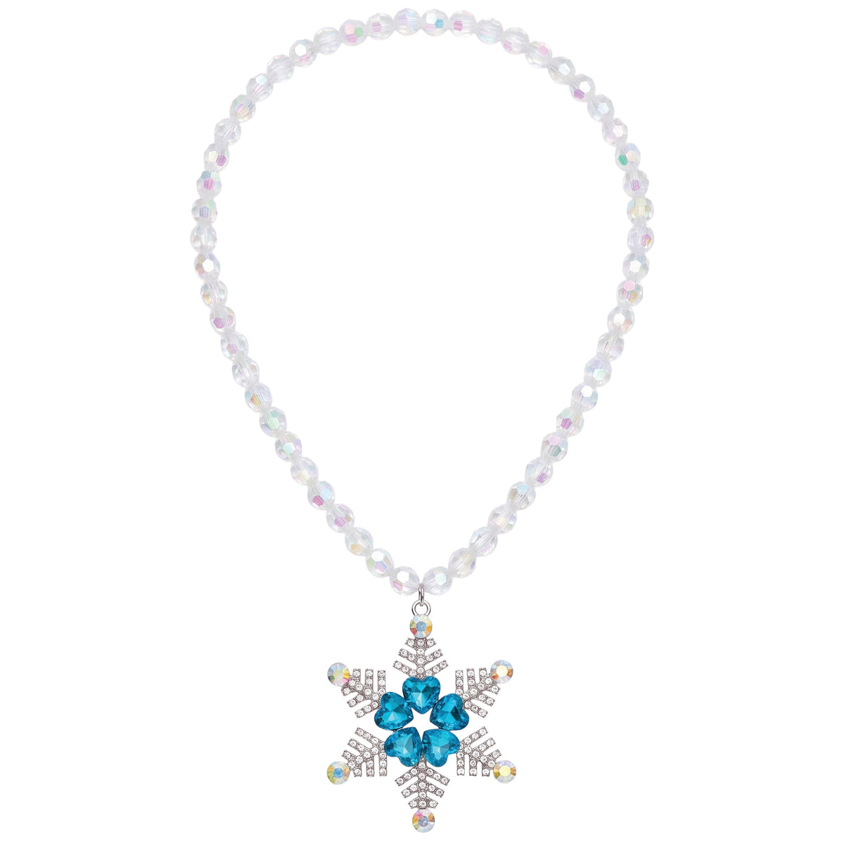 Iridescent faceted bead necklace with a snowflake pendant set with aqua hearts