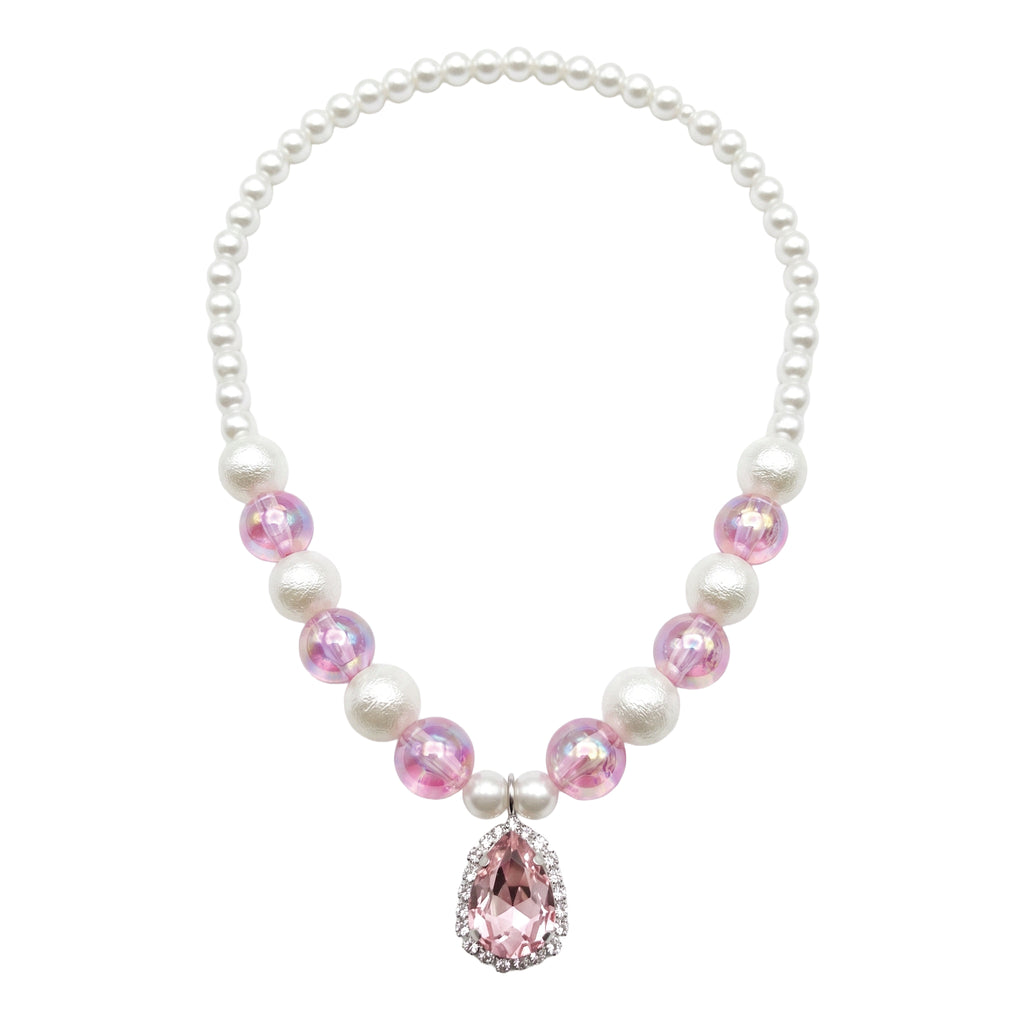 Pearl bead necklace with iridescent pink rounds and a pink teardrop pendant
