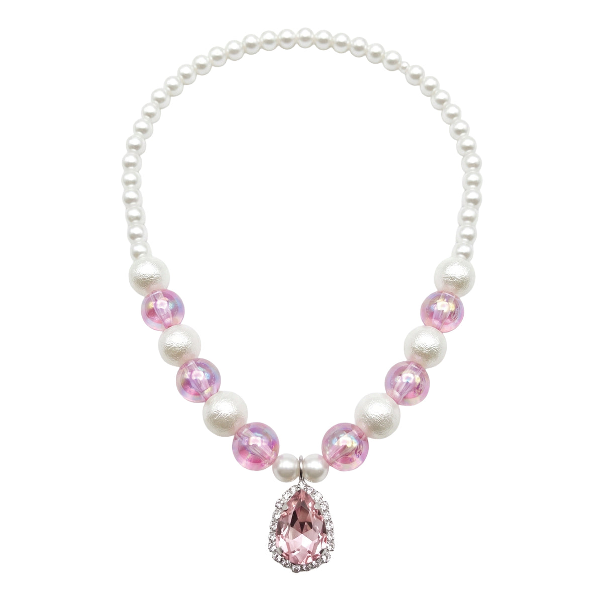 Pearl bead necklace with iridescent pink rounds and a pink teardrop pendant