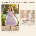 Dress & Accessories includes the Pastel Mermaid gown and the Mermaid Treasure accessory set: starfish tiara, bead necklace, bracelet and heart clip-on earrings