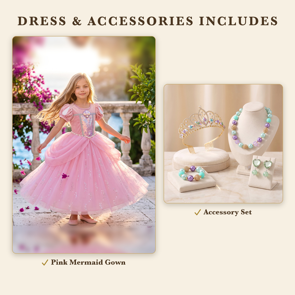 Dress & Accessories includes the Pink Mermaid gown and the Mermaid Treasure accessory set: starfish tiara, bead necklace, bracelet and heart clip-on earrings