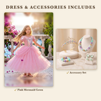 Dress & Accessories includes the Pink Mermaid gown and the Mermaid Treasure accessory set: starfish tiara, bead necklace, bracelet and heart clip-on earrings
