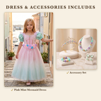 Dress & Accessories includes the Pink Mint Mermaid dress and the Mermaid Treasure accessory set: starfish tiara, bead necklace, bracelet and heart clip-on earrings