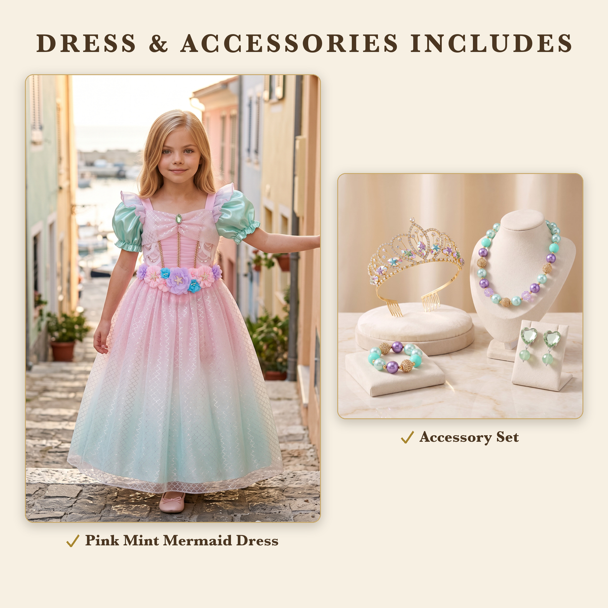 Dress & Accessories includes the Pink Mint Mermaid dress and the Mermaid Treasure accessory set: starfish tiara, bead necklace, bracelet and heart clip-on earrings