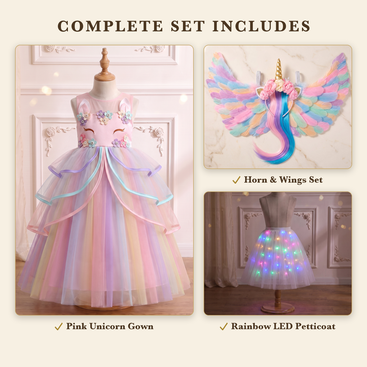 Complete Set includes the Pink Unicorn gown, unicorn horn and wings set, and rainbow LED petticoat