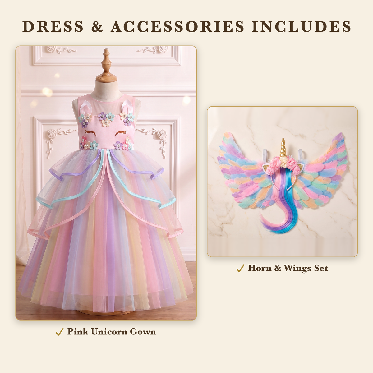 Dress and Accessories bundle includes the Pink Unicorn gown and unicorn horn and wings set