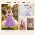 Complete Outfit includes the Lavender Tower gown, Rapunzel accessory set, rose gold hooded cloak, and light-up petticoat