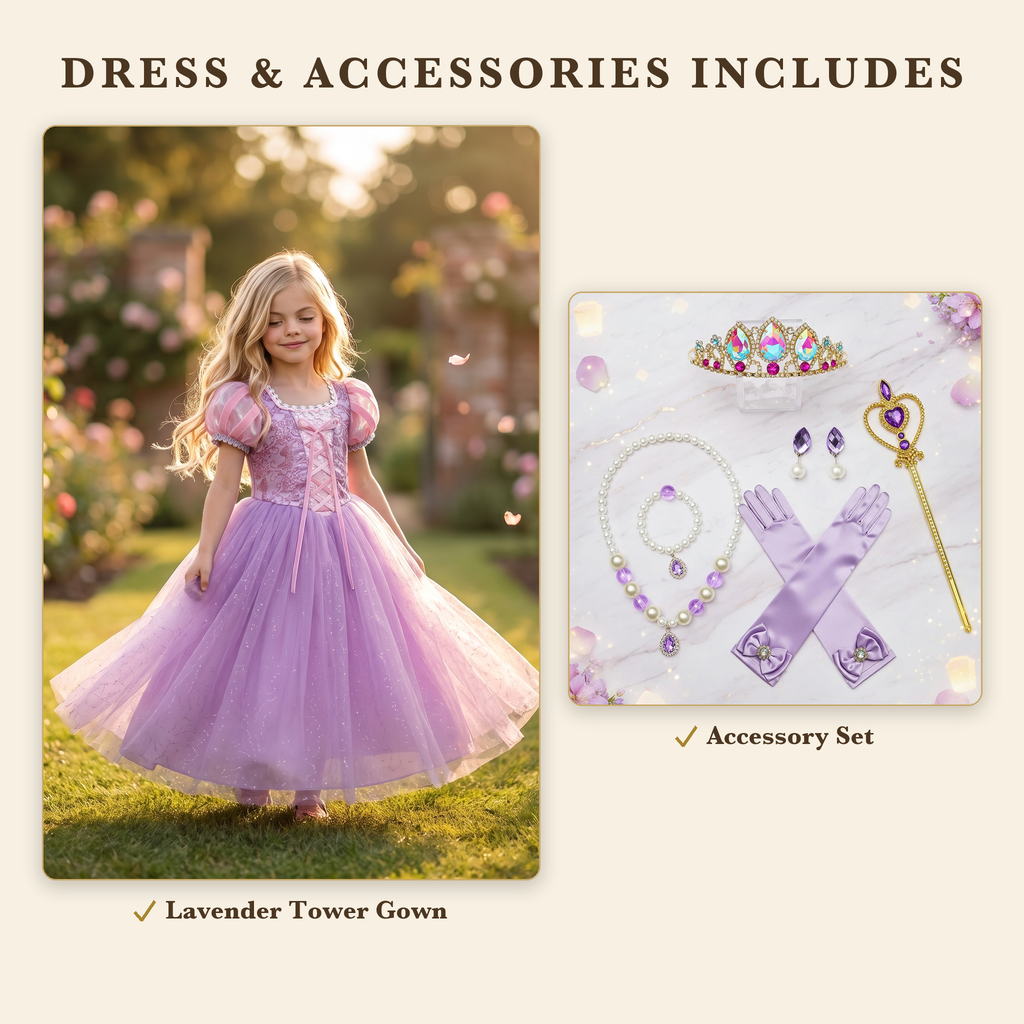 Dress and Accessories bundle includes the Lavender Tower gown and Rapunzel accessory set