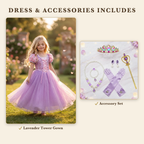 Dress and Accessories bundle includes the Lavender Tower gown and Rapunzel accessory set
