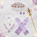Rapunzel Princess Accessory Set flat lay: gold tone jeweled tiara, purple heart wand, pearl bead necklace and long lavender gloves