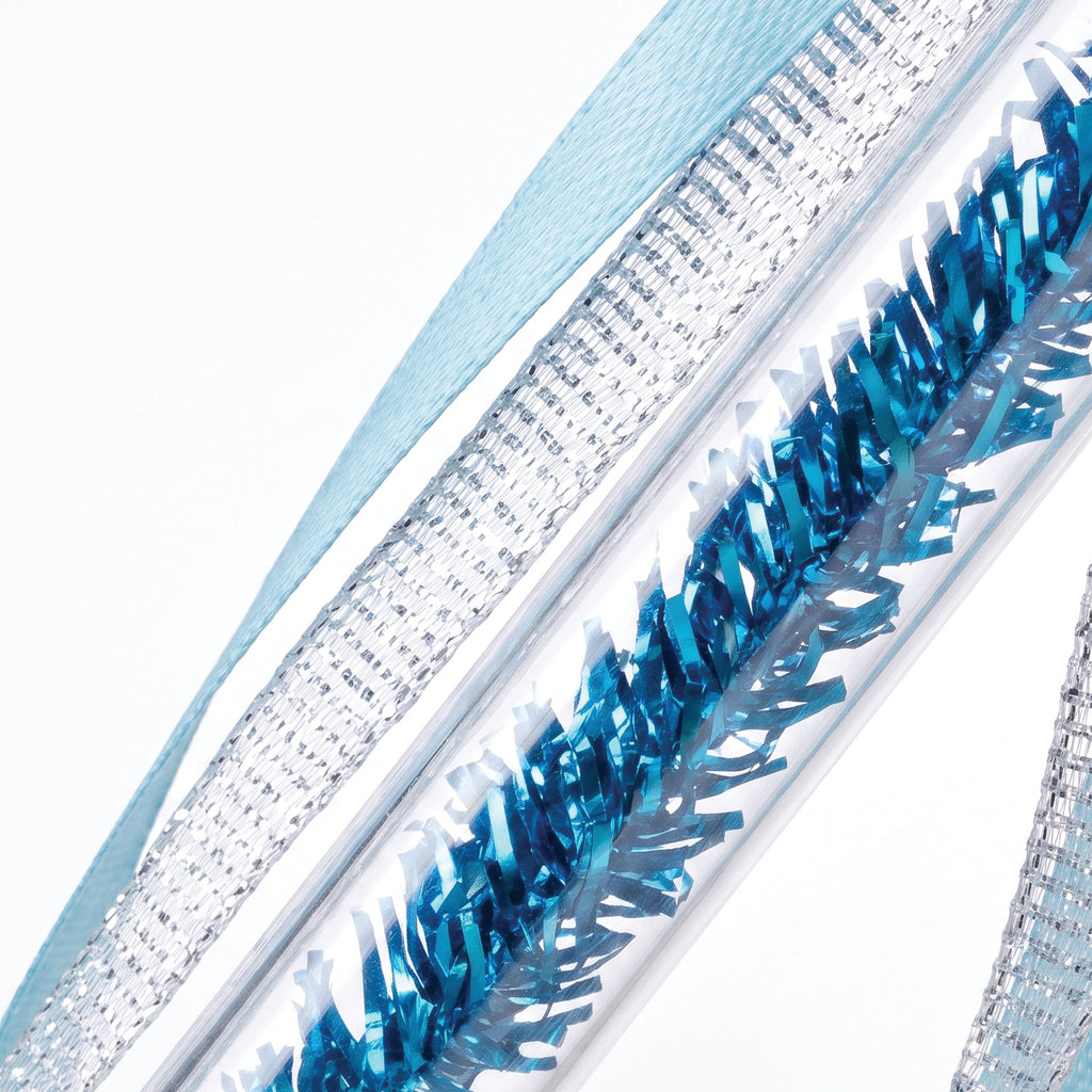 Close up of the wand handle wrapped in blue tinsel with satin ribbons
