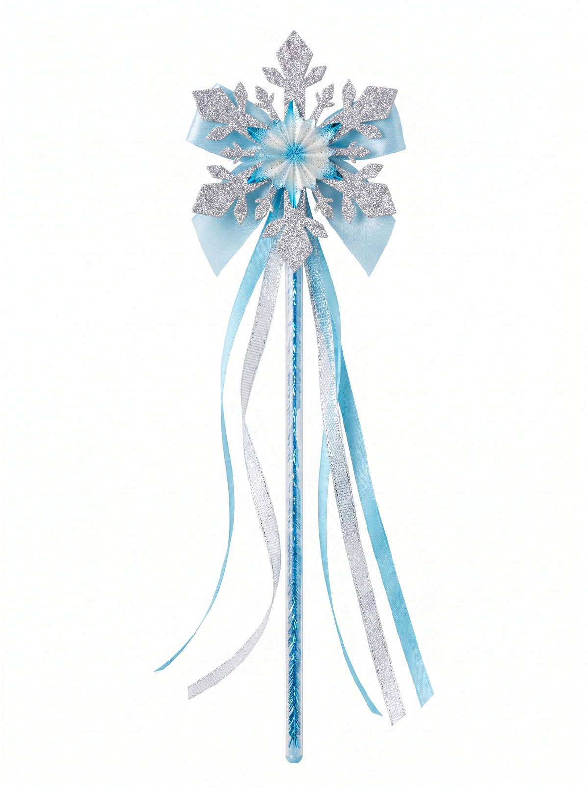 Silver glitter snowflake wand with blue and silver ribbon streamers