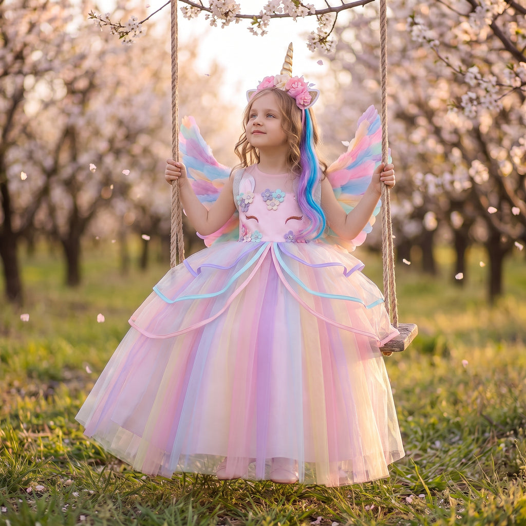 Girl on a swing in the pink unicorn dress with a rainbow tulle skirt and pastel wings