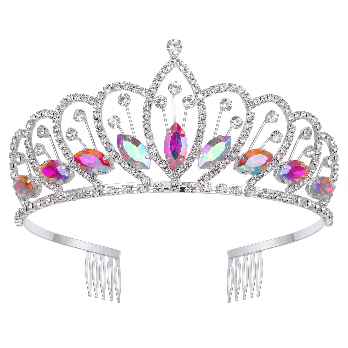 Silver-tone rhinestone tiara with iridescent marquise stones and grip combs