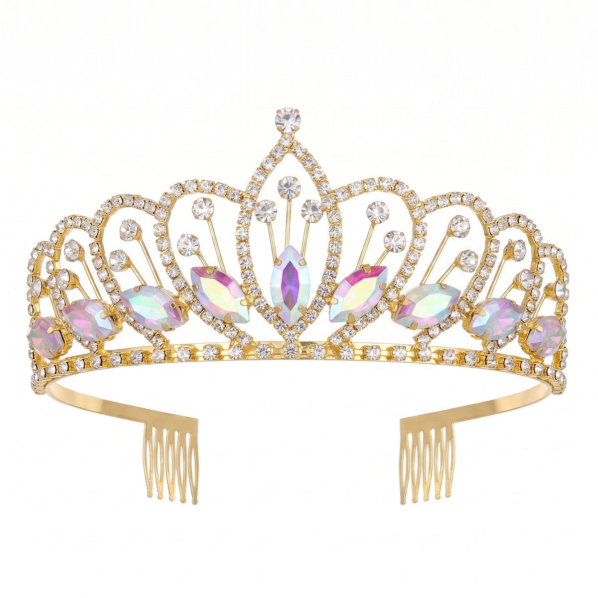 Gold-tone rhinestone tiara with iridescent marquise stones and grip combs