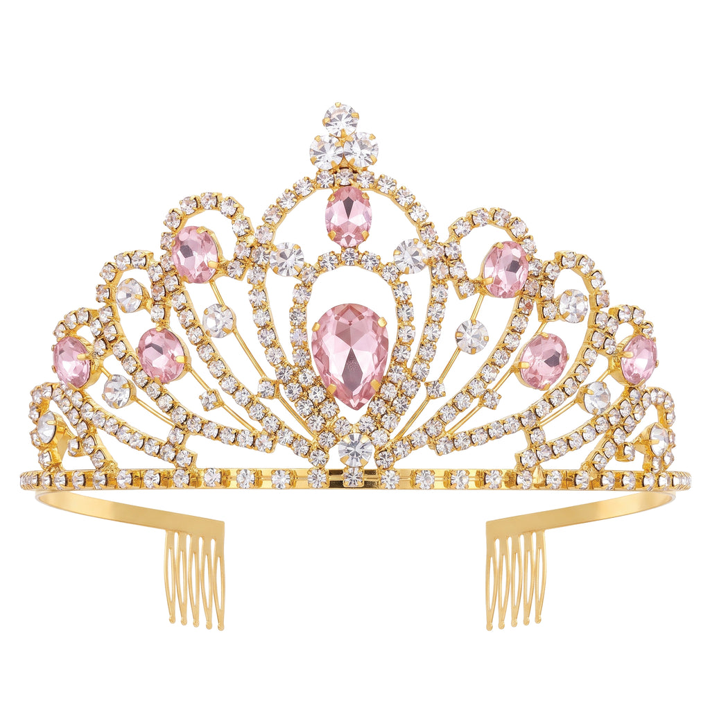 Gold-tone rhinestone tiara with pink oval stones and a pink teardrop at the center peak