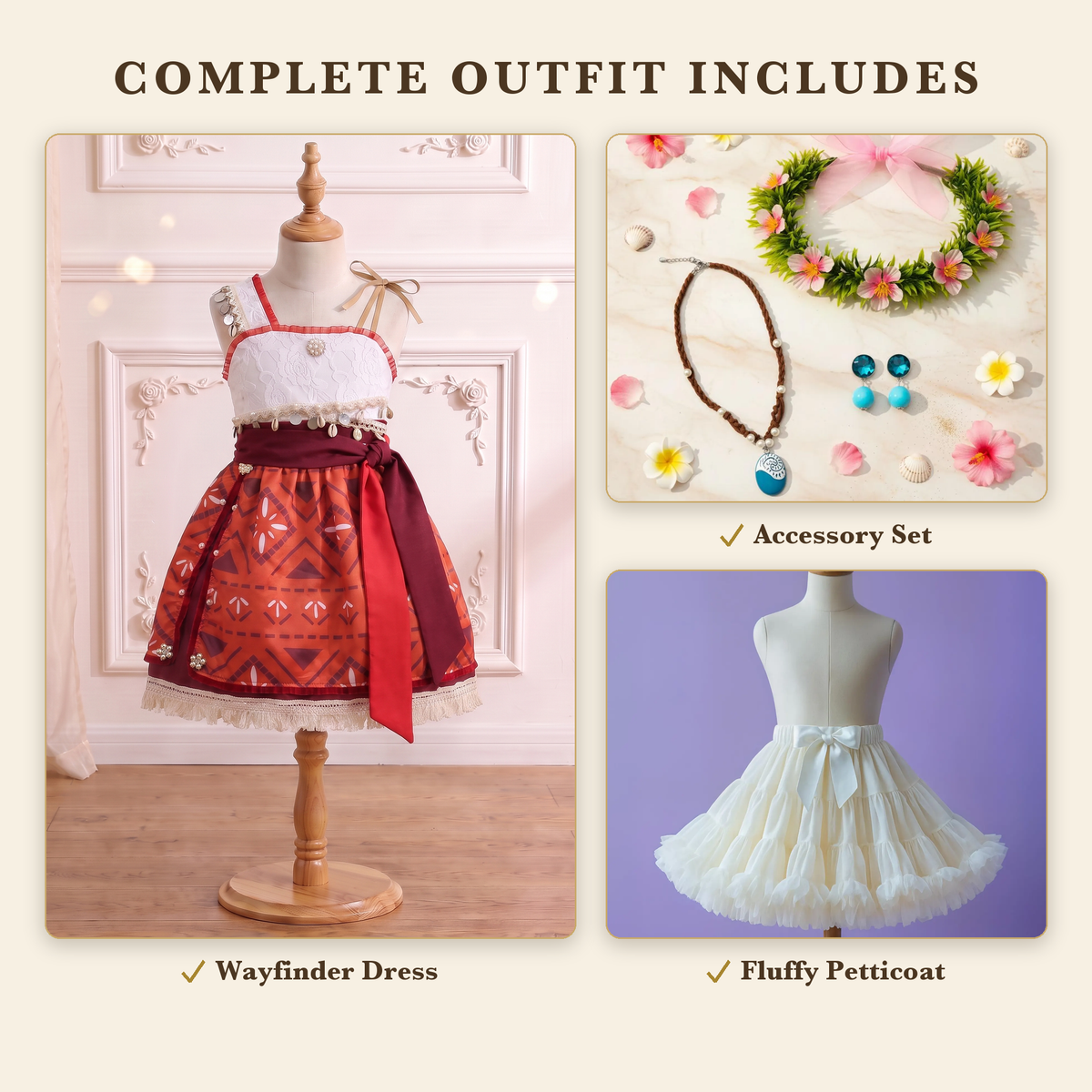 Complete Outfit includes the Wayfinder dress, island accessory set, and fluffy petticoat
