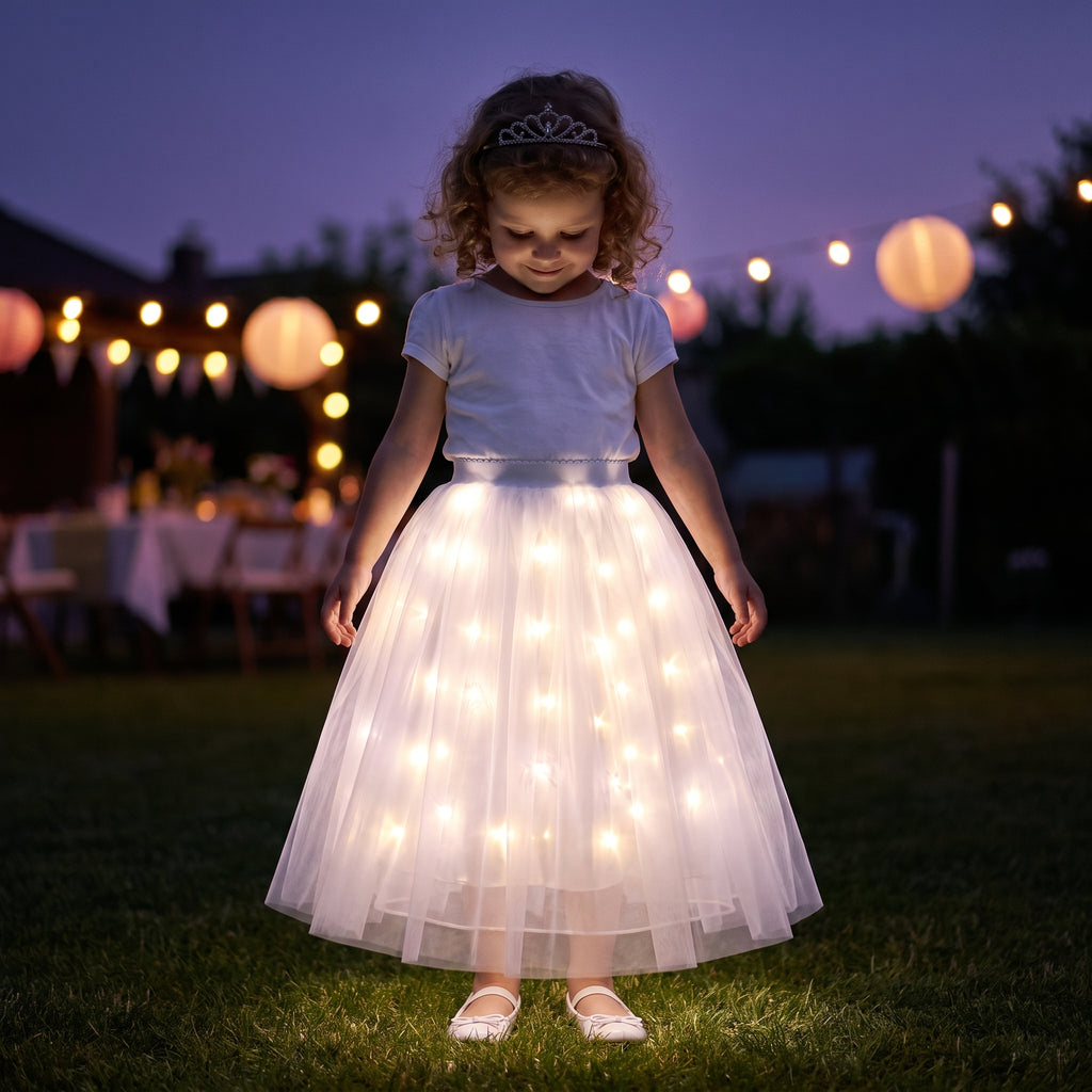 Girl wearing the White Light-Up Petticoat glowing at a garden party at dusk